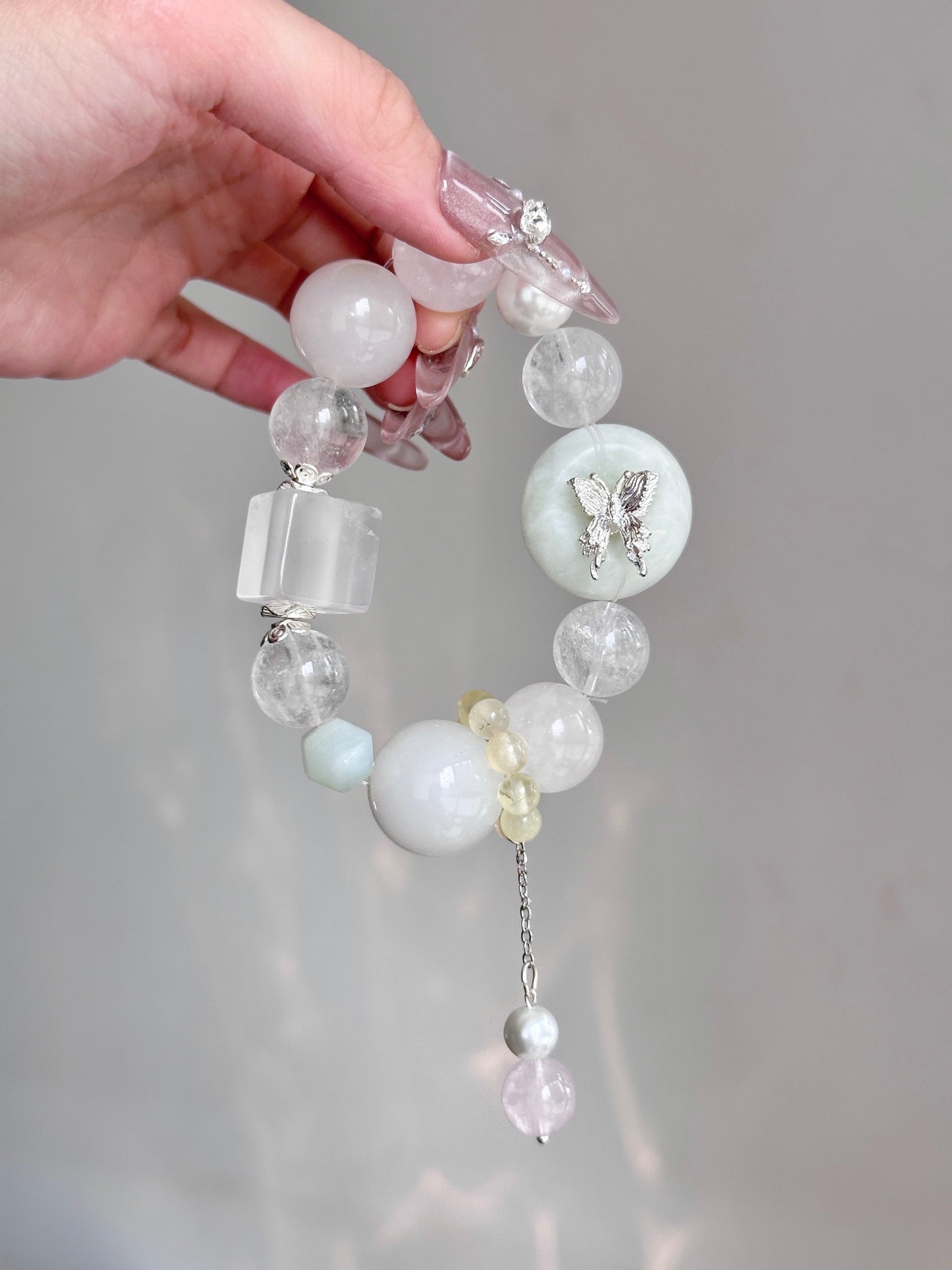 Snow Butterfly – White Crystal, White Phantom & Tianshan Jade Crystal Bracelet