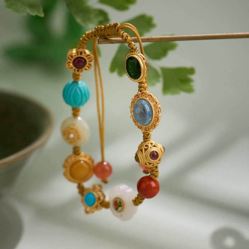 Multi-Gemstone Braided Bracelet | Carnelian, Amber & Turquoise Lotus