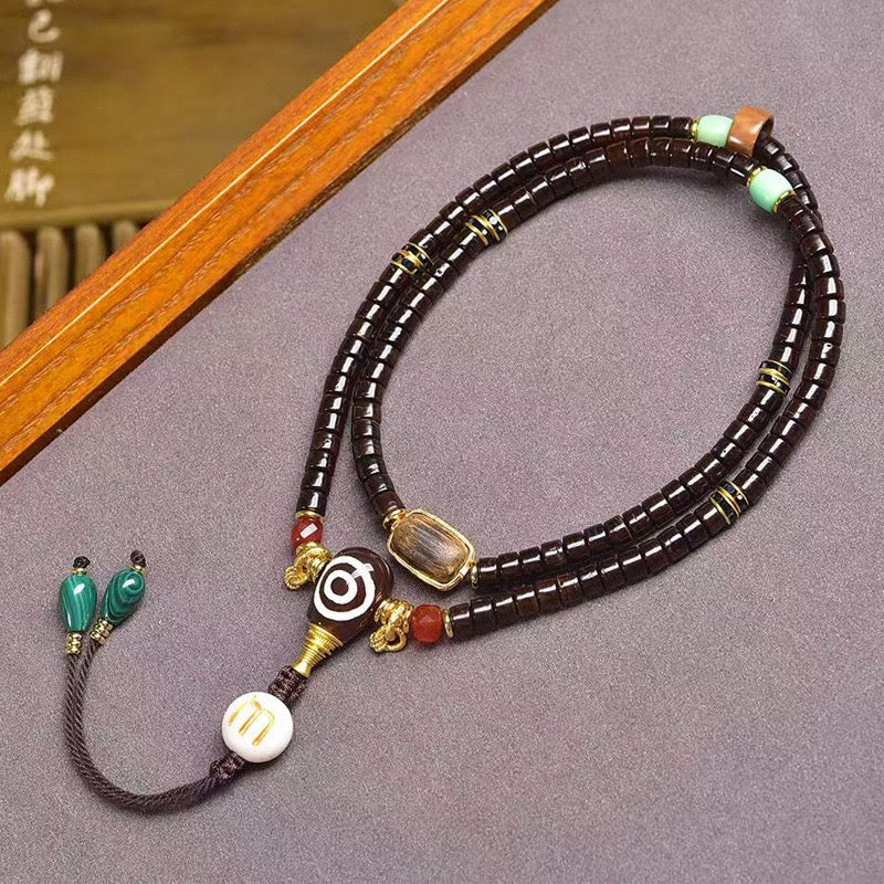 Natural Coconut Barrel Beads Mala – Multi-Layer Bracelet & Necklace with Agarwood, Turquoise & Agate