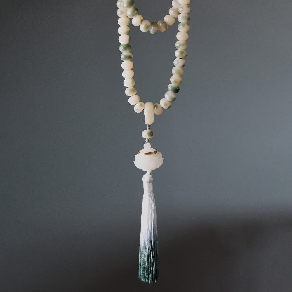 108-Bead White Jade Bodhi Necklace | Floral Pattern & Luminous Stone Lotus Charm