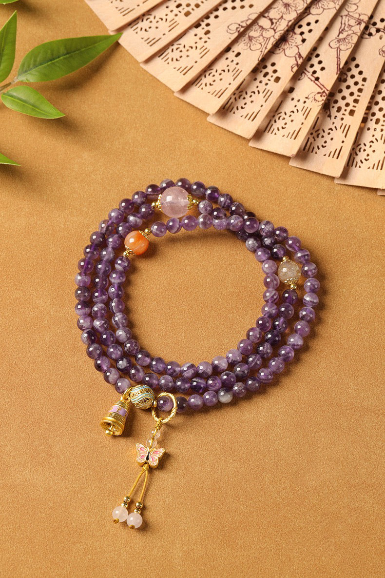 Amethyst Multi-Layer Necklace & Bracelet | Vintage Butterfly Pendant, Versatile Women’s Luxury Jewelry