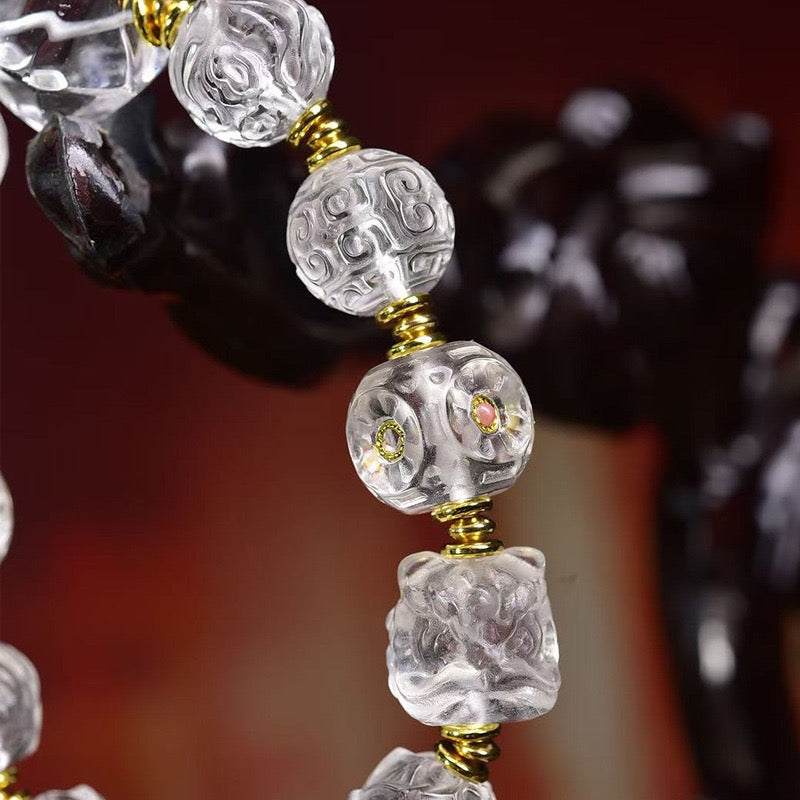 Natural Clear Quartz Bracelet for Women | Carved Beads with Vajra, Lion, Agate & Glass Accents – Multi-Gemstone Prayer Style