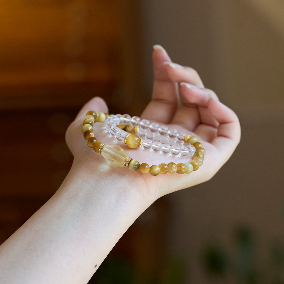 6mm White Crystal & Tiger Eye Double-Layer Bracelet | Gourd or Faceted Citrine Design