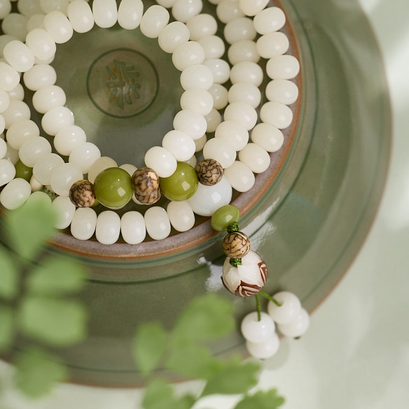 Buddha White Jade Bodhi Lotus Mala Harmony Necklace Bracelet