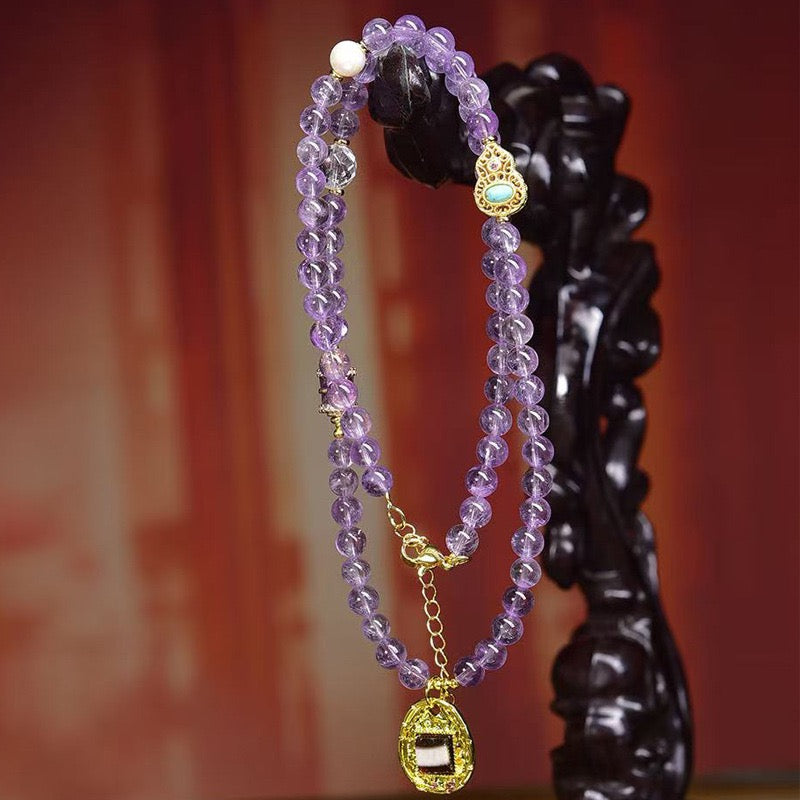 Natural 5.5mm Amethyst 108 Beads Necklace with Pixiu, Clear Quartz, Dzi & Turquoise
