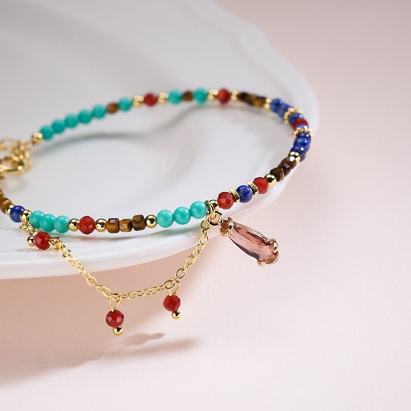 “Dream of Dunhuang” Lapis Lazuli Multi-Gemstone Tassel Bracelet | Elongated Teardrop Design