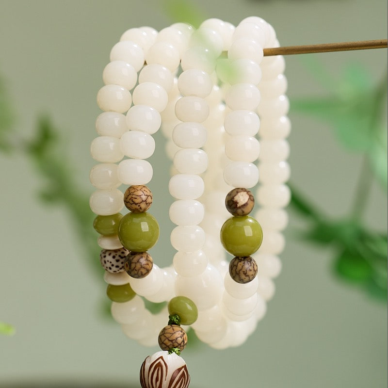 Buddha White Jade Bodhi Lotus Mala Harmony Necklace Bracelet