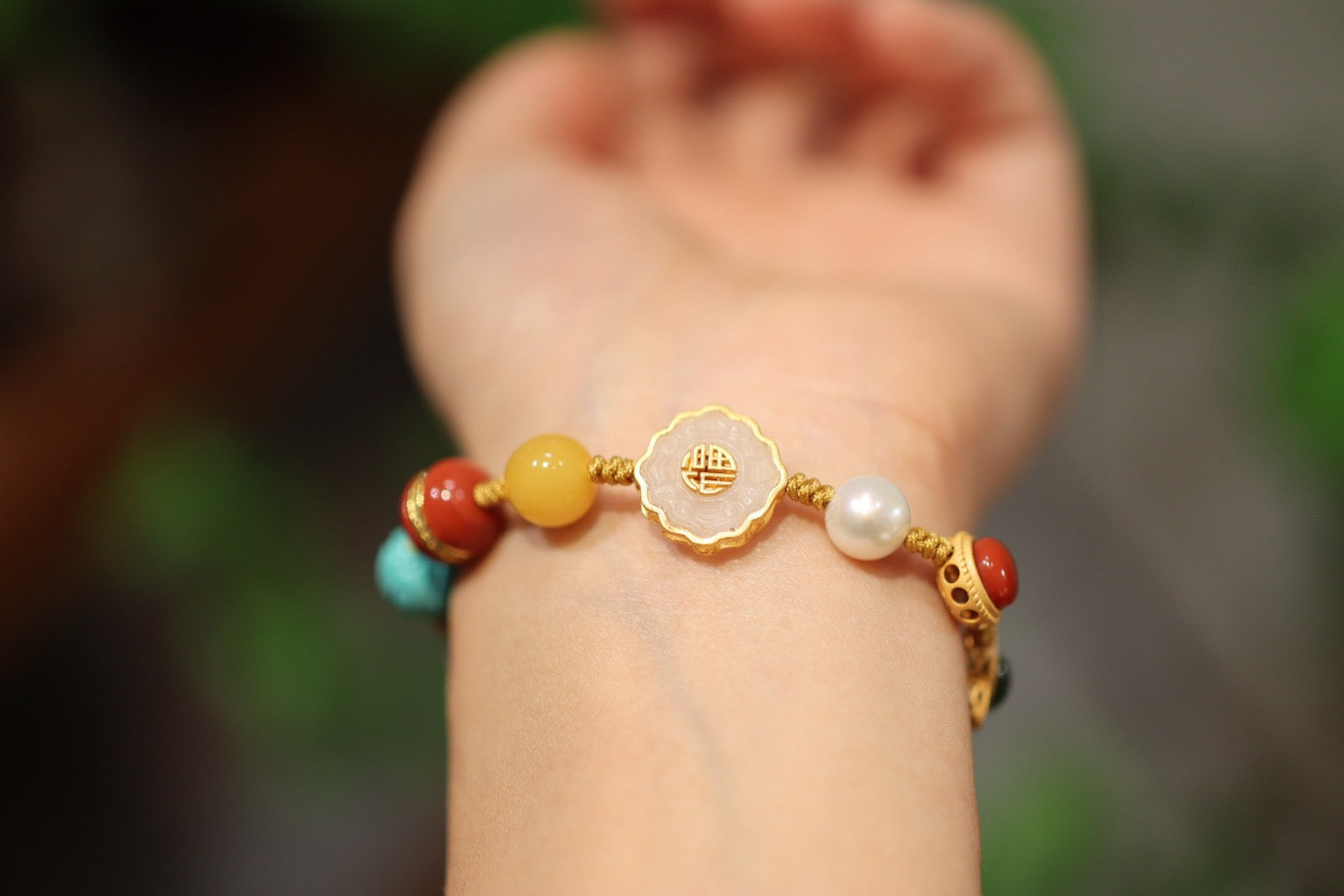 Multi-Gemstone Bracelet | Red Agate, Jade, Pearl & Amber with 925 Gold-Plated Charms