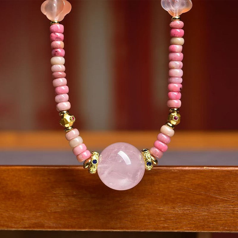 Natural Rhodochrosite Necklace for Women | Rose Quartz Pendant with Red Agate Cloud Accent – Dainty Luxury Clavicle Chain