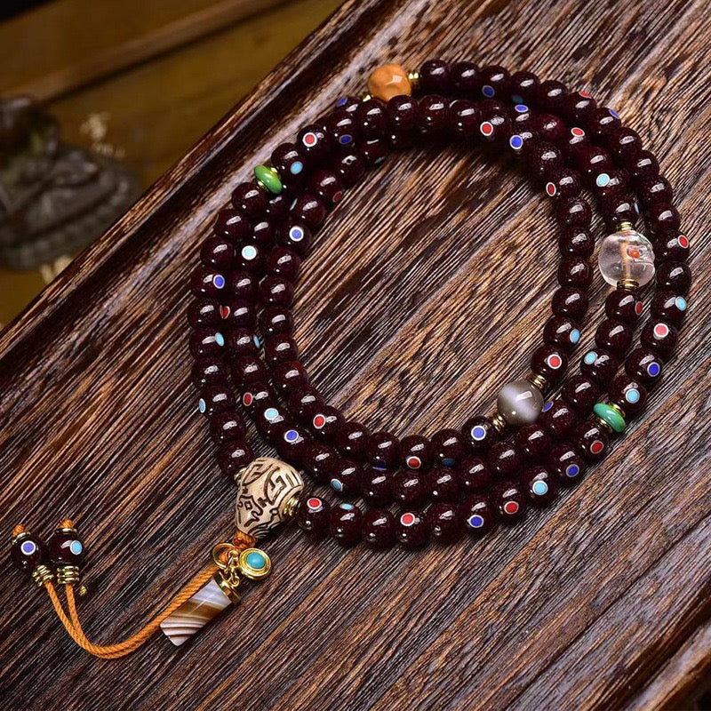 108 Natural Bodhi Mala Beads – Cinnabar Inlaid Star & Moon Beads bracelet necklace