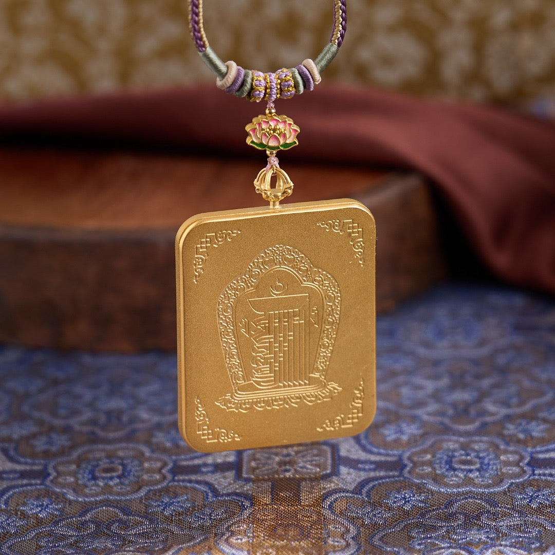 Titanium Frame Gemstone & Mineral Gold-Painted Thangka Necklace with Enamel Lotus (4x5mm, Handmade Cord)