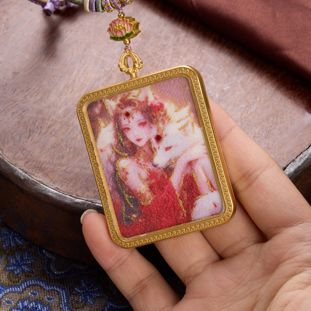 Titanium Frame Gemstone & Mineral Gold-Painted Thangka Necklace with Enamel Lotus (4x5mm, Handmade Cord)