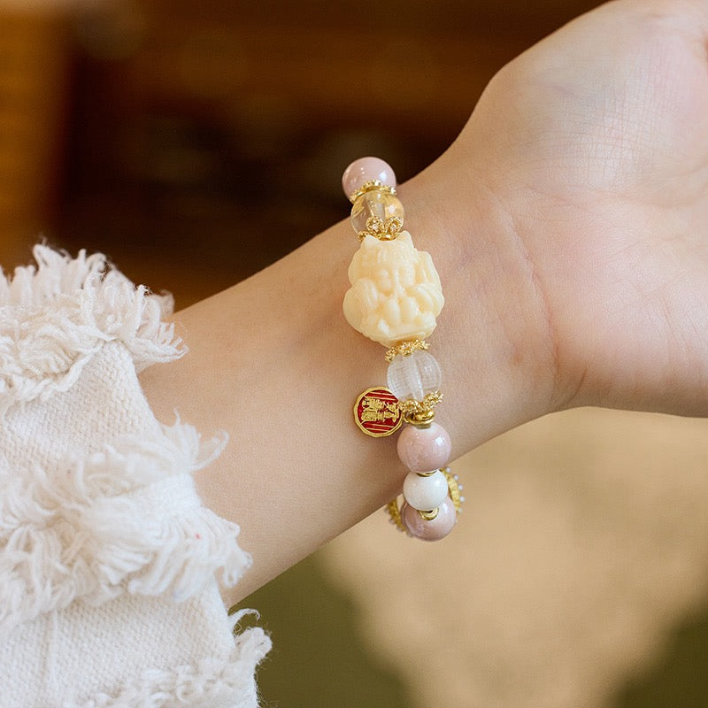 Pink Porcelain Nine-Tailed Pendant & Heart Sutra Bracelet