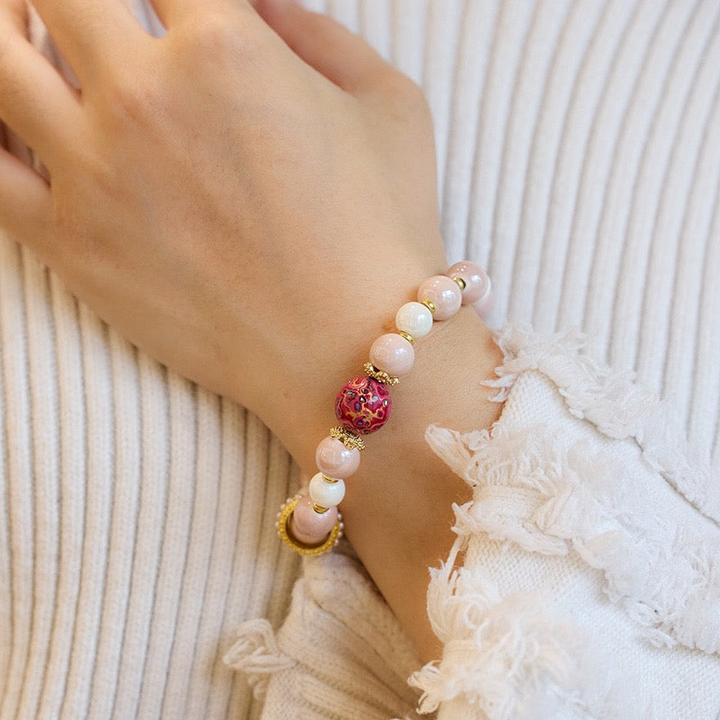 Pink Porcelain Nine-Tailed Pendant & Heart Sutra Bracelet