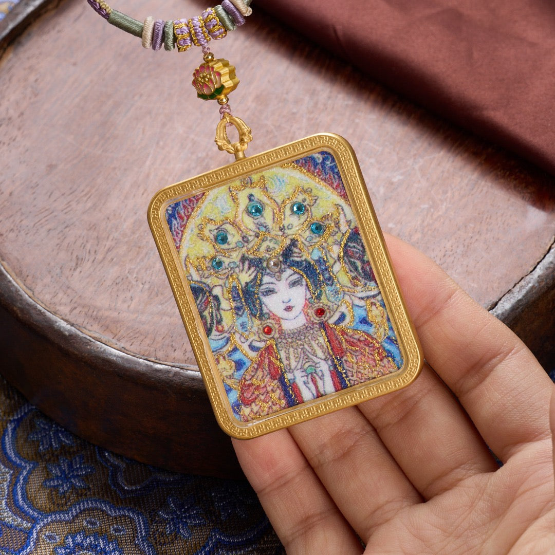 Titanium Frame Gemstone & Mineral Gold-Painted Thangka Necklace with Enamel Lotus (4x5mm, Handmade Cord)