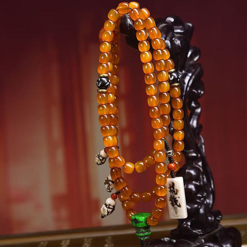 108 Golden Tortoise Mala Beads – Natural Tibetan Multi-Layer Prayer Bracelet with Agate & Recycled Yak Bone
