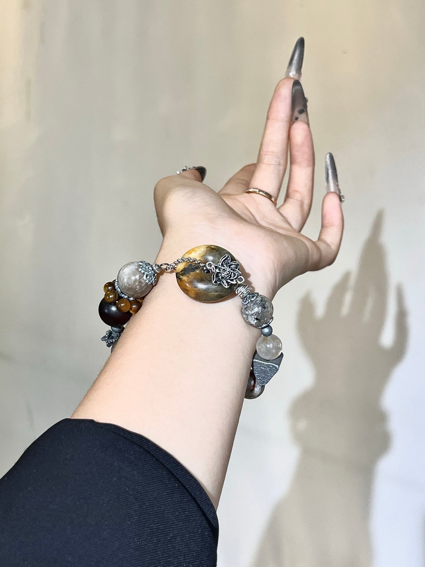 “Blooming Nature” Gemstone Bracelet | Xiuyan Jade, Phantom Quartz, Rutilated Quartz, Smoky Quartz & Tiger’s Eye (12–14mm)