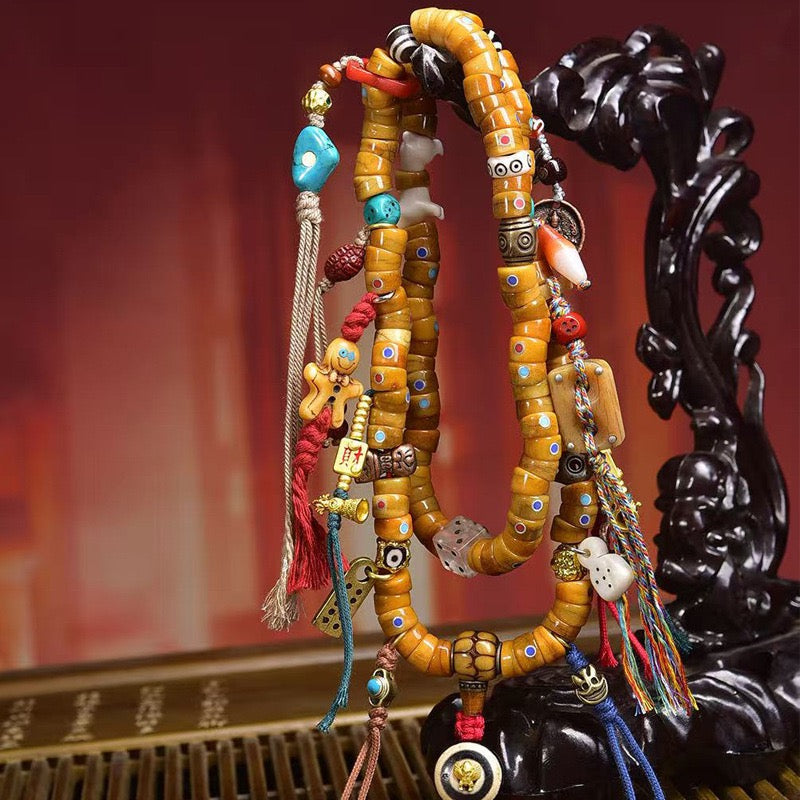 Tibetan Yak Bone Mala – 108 Beads Prayer Necklace with Barrel Beads, Agate & Dzi Beads Accents
