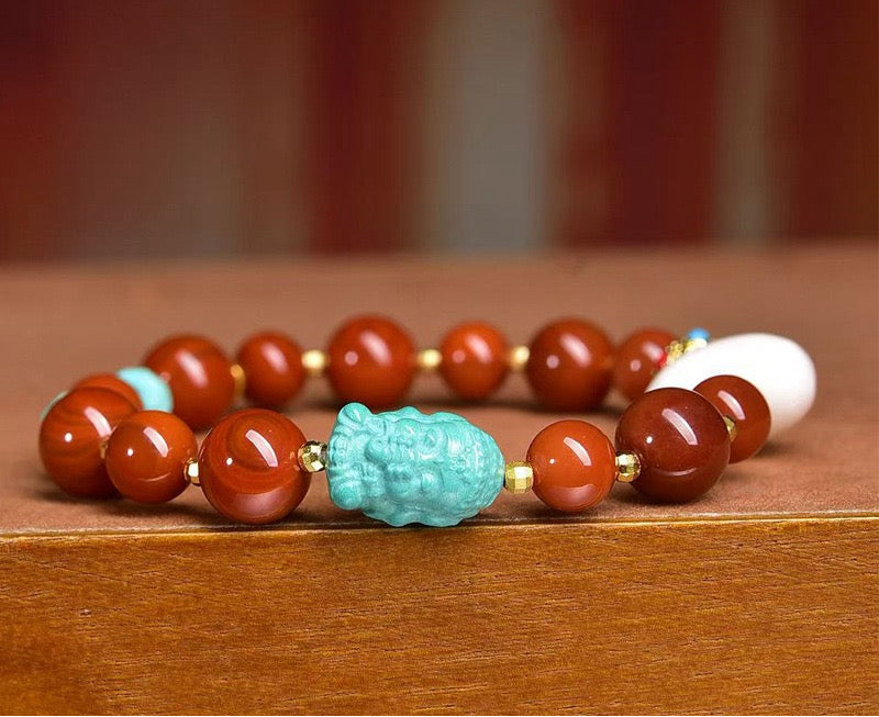 Agate Red 10mm Bead Bracelet – Single Strand with Rose Quartz & Turquoise Accents