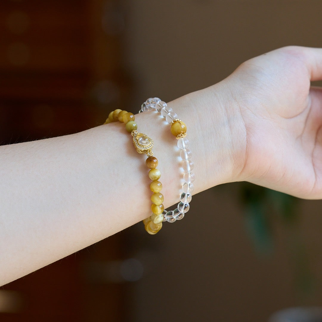 6mm White Crystal & Tiger Eye Double-Layer Bracelet | Gourd or Faceted Citrine Design