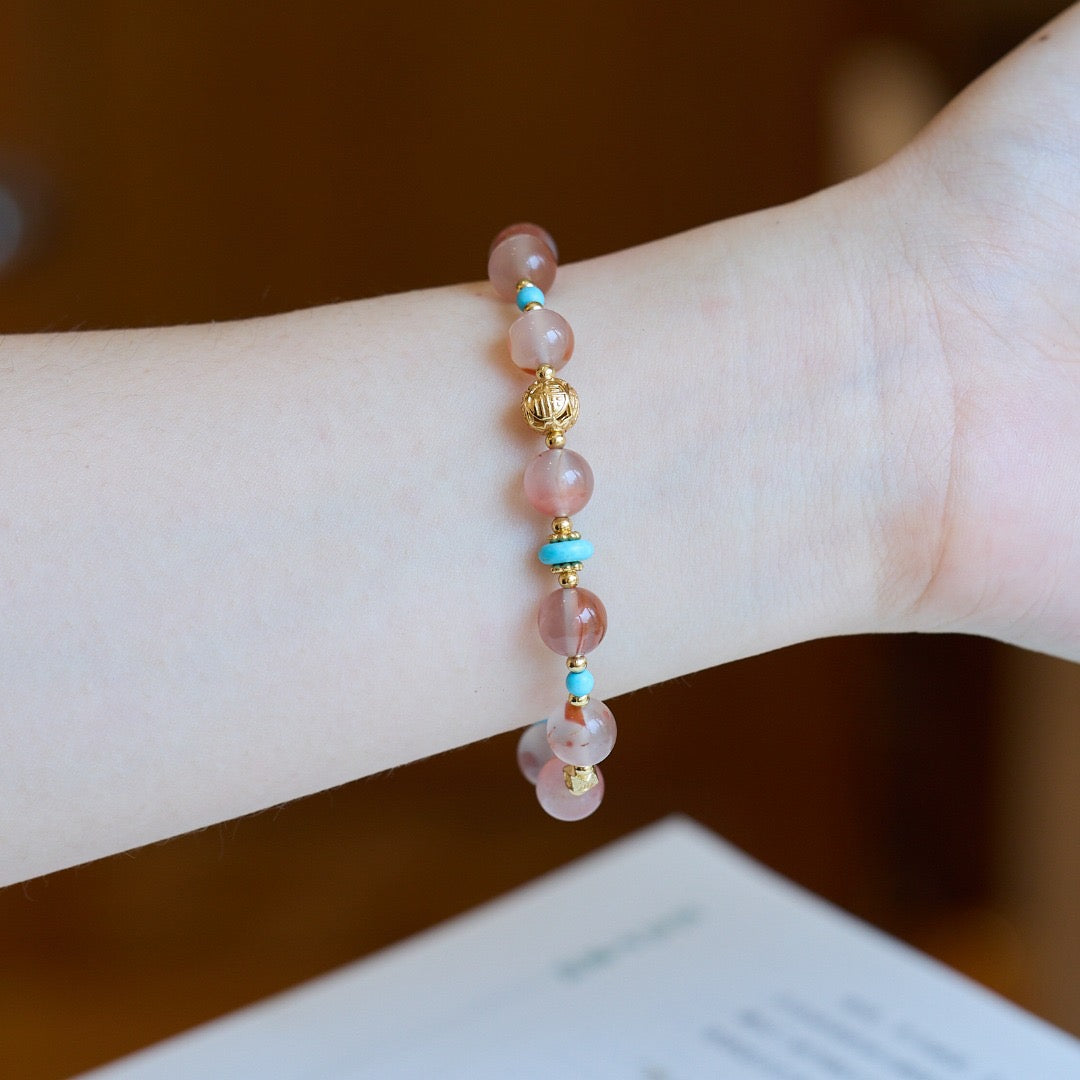 8mm Ice-Floating South Red Agate + Turquoise + Gold-Plated Copper Blessing Bead Bracelet