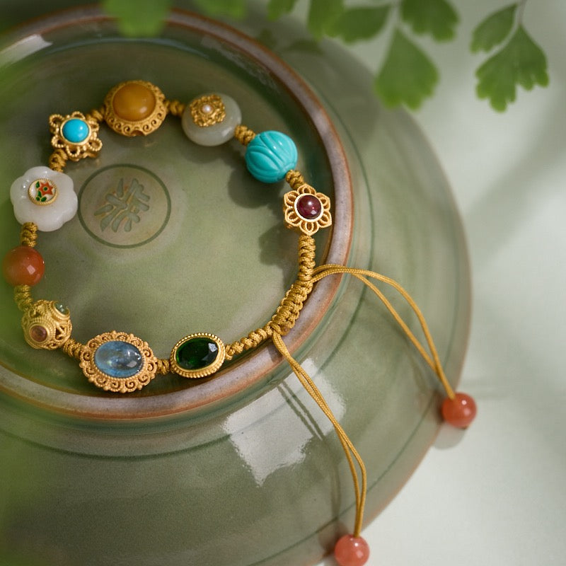 Multi-Gemstone Braided Bracelet | Carnelian, Amber & Turquoise Lotus