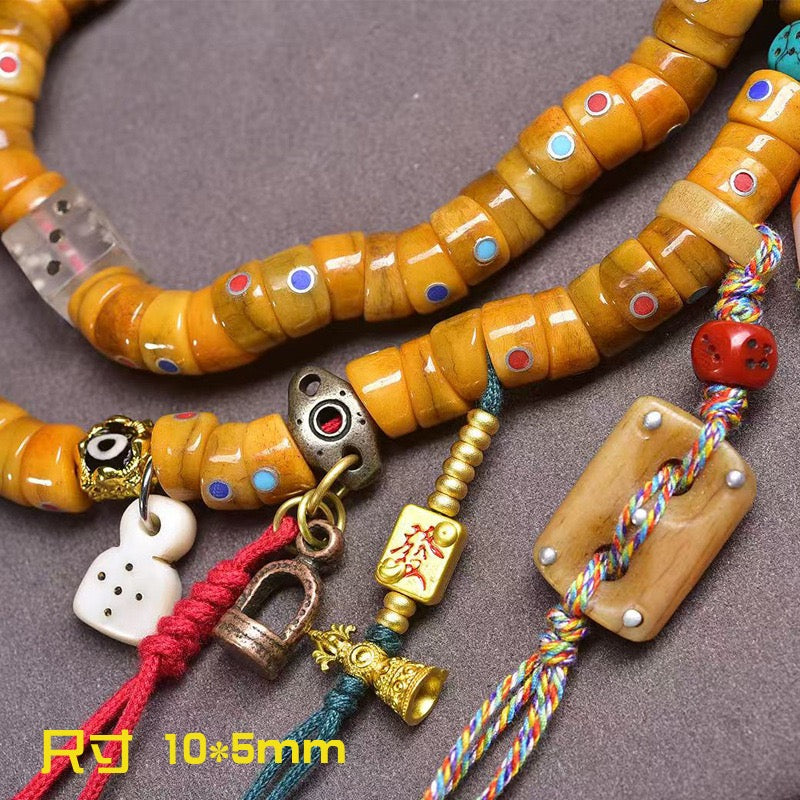 Tibetan Yak Bone Mala – 108 Beads Prayer Necklace with Barrel Beads, Agate & Dzi Beads Accents