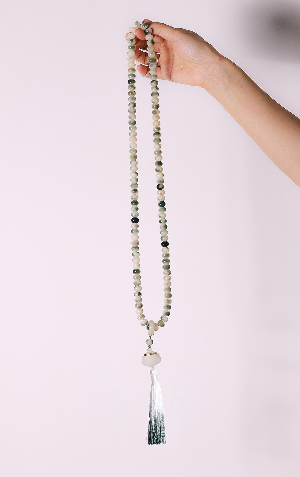 108-Bead White Jade Bodhi Necklace | Floral Pattern & Luminous Stone Lotus Charm