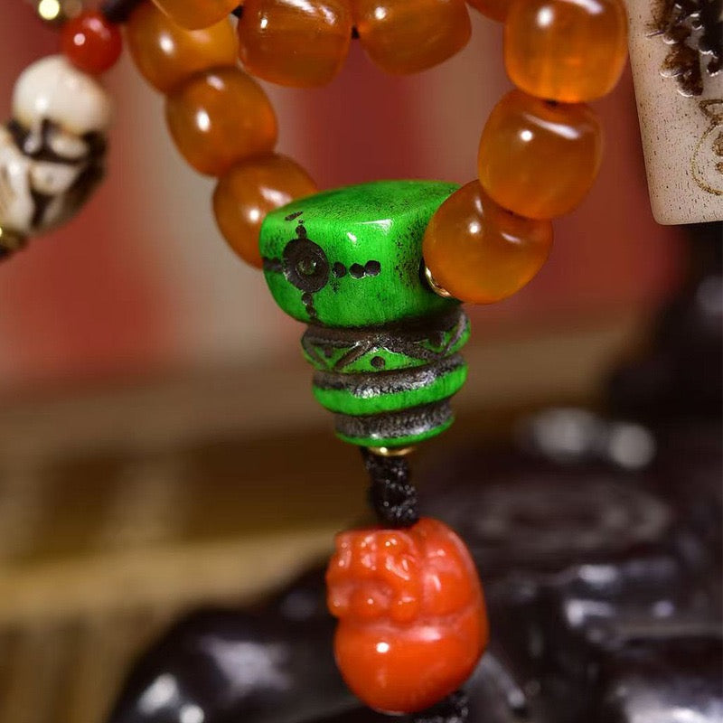 108 Golden Tortoise Mala Beads – Natural Tibetan Multi-Layer Prayer Bracelet with Agate & Recycled Yak Bone