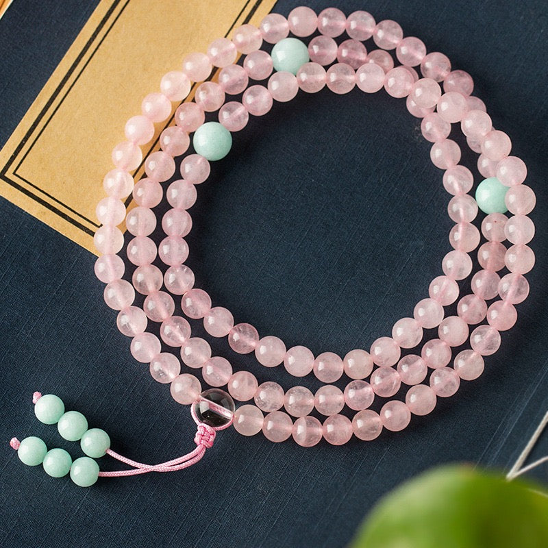 Natural Rose Quartz 6 mm 108 Beads Mala Bracelet Necklace| Multi-Layer Strawberry Quartz Handcrafted Jewelry, Romantic Birthday & Valentine’s Gift