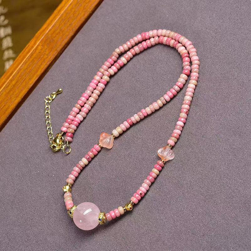Natural Rhodochrosite Necklace for Women | Rose Quartz Pendant with Red Agate Cloud Accent – Dainty Luxury Clavicle Chain