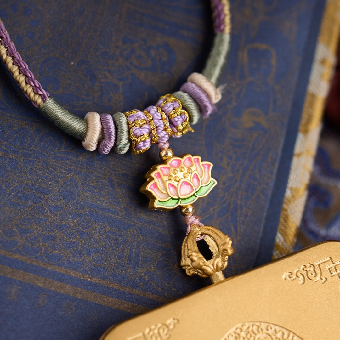 Titanium Frame Gemstone & Mineral Gold-Painted Thangka Necklace with Enamel Lotus (4x5mm, Handmade Cord)