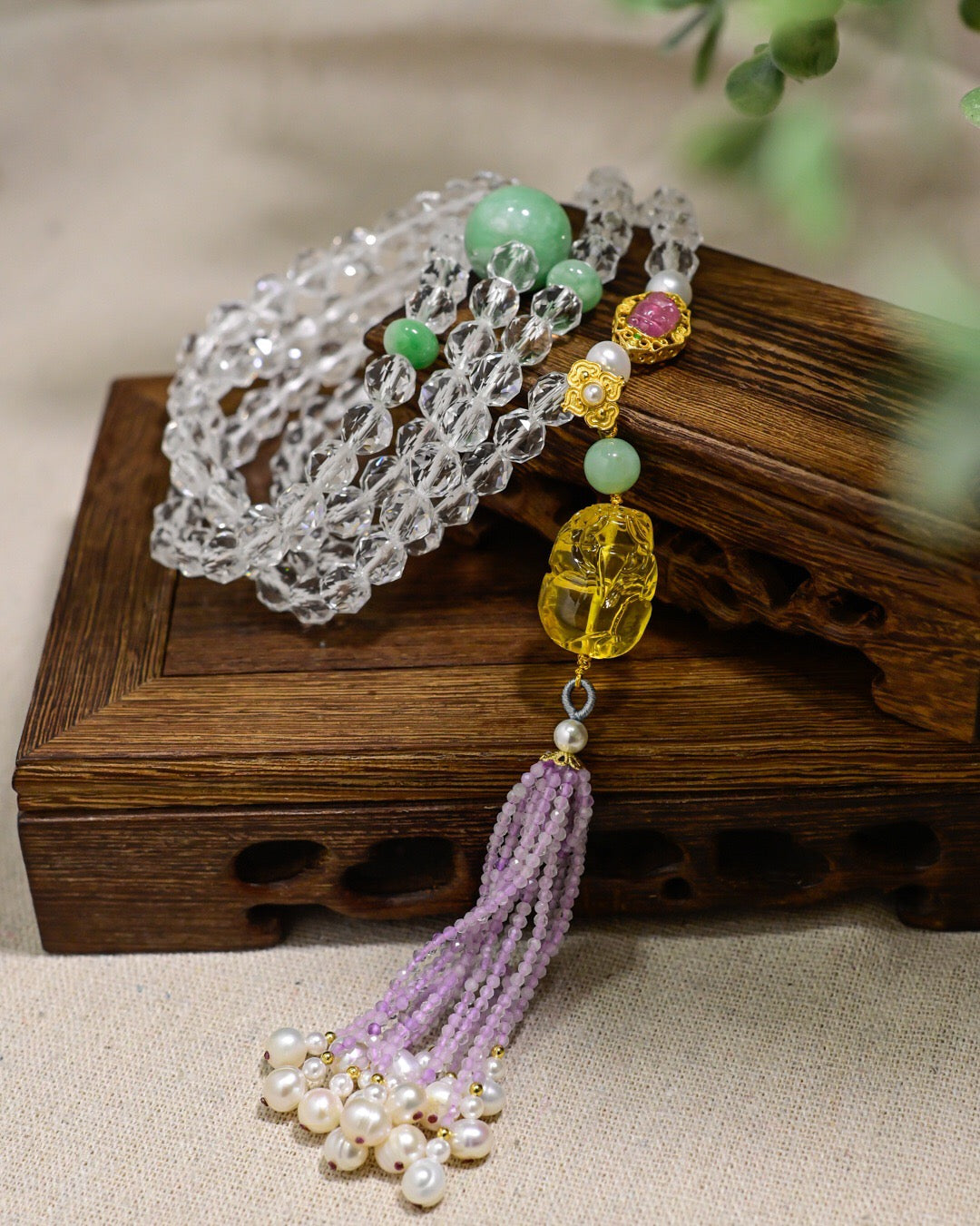 Natural White Crystal 108 Beads Necklace & Bracelet | 8mm Faceted Crystals with Jade Apple Bead, Amber Pixiu & Tassel