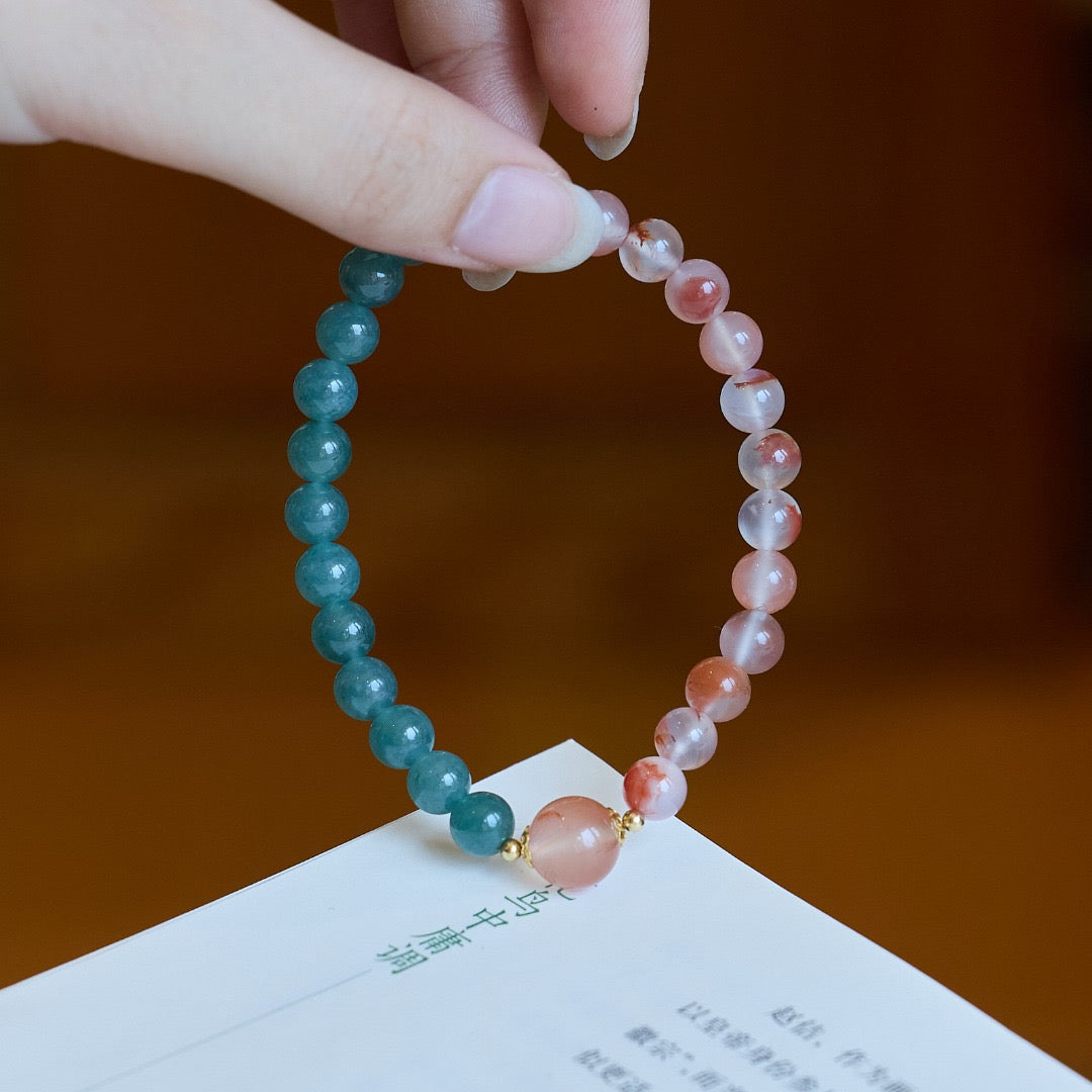 7mm Ice-Floating South Red Agate + Blue Water Jadeite Bracelet