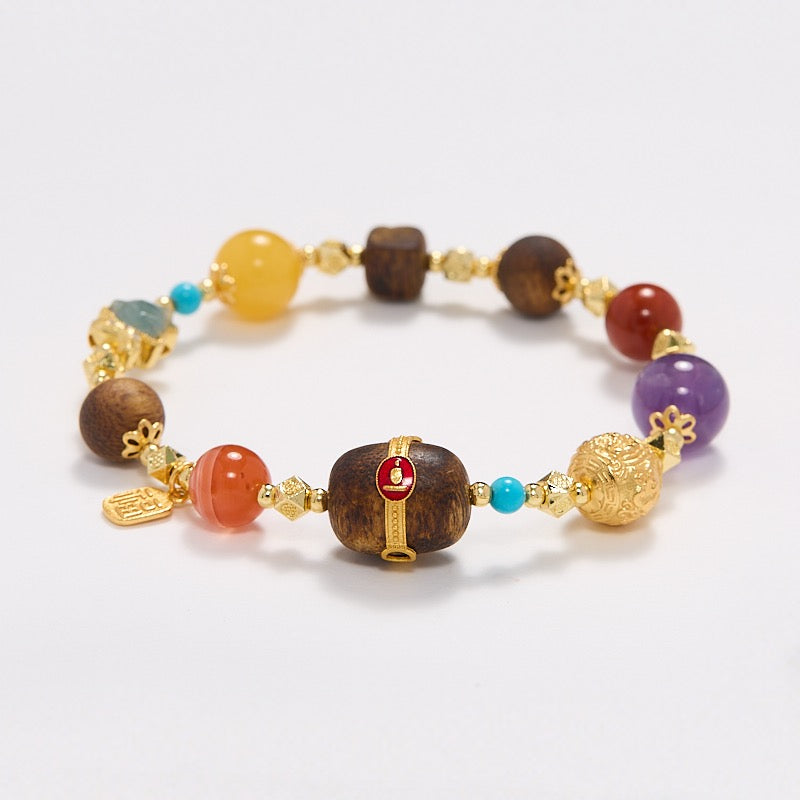 Multi-Gemstone Braided Bracelet | 925 Gold-Plated Silver, Amber, Turquoise & Carnelian