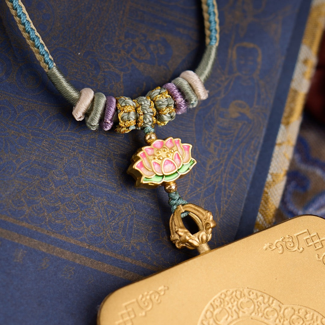 Titanium Frame Gemstone & Mineral Gold-Painted Thangka Necklace with Enamel Lotus (4x5mm, Handmade Cord)