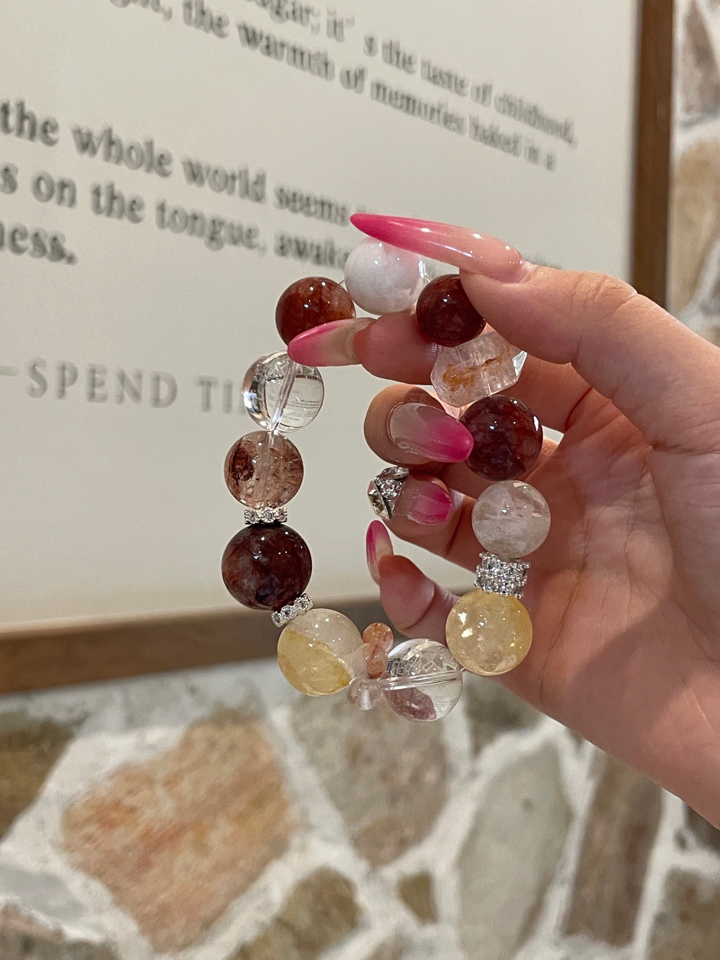 Sunset Glow Crystal Bracelet | Red & Yellow Agate Flower, Clear Quartz & Snow Phantom | 13–16mm