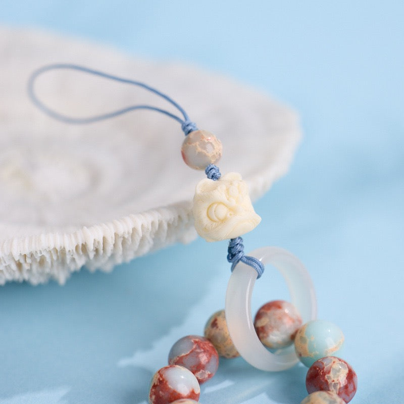 Shoushan Stone & Tagua Nut Guardian Lion Bag Charm/Phone Charm/Keychain Charm  | Symbol of Protection & Blessing