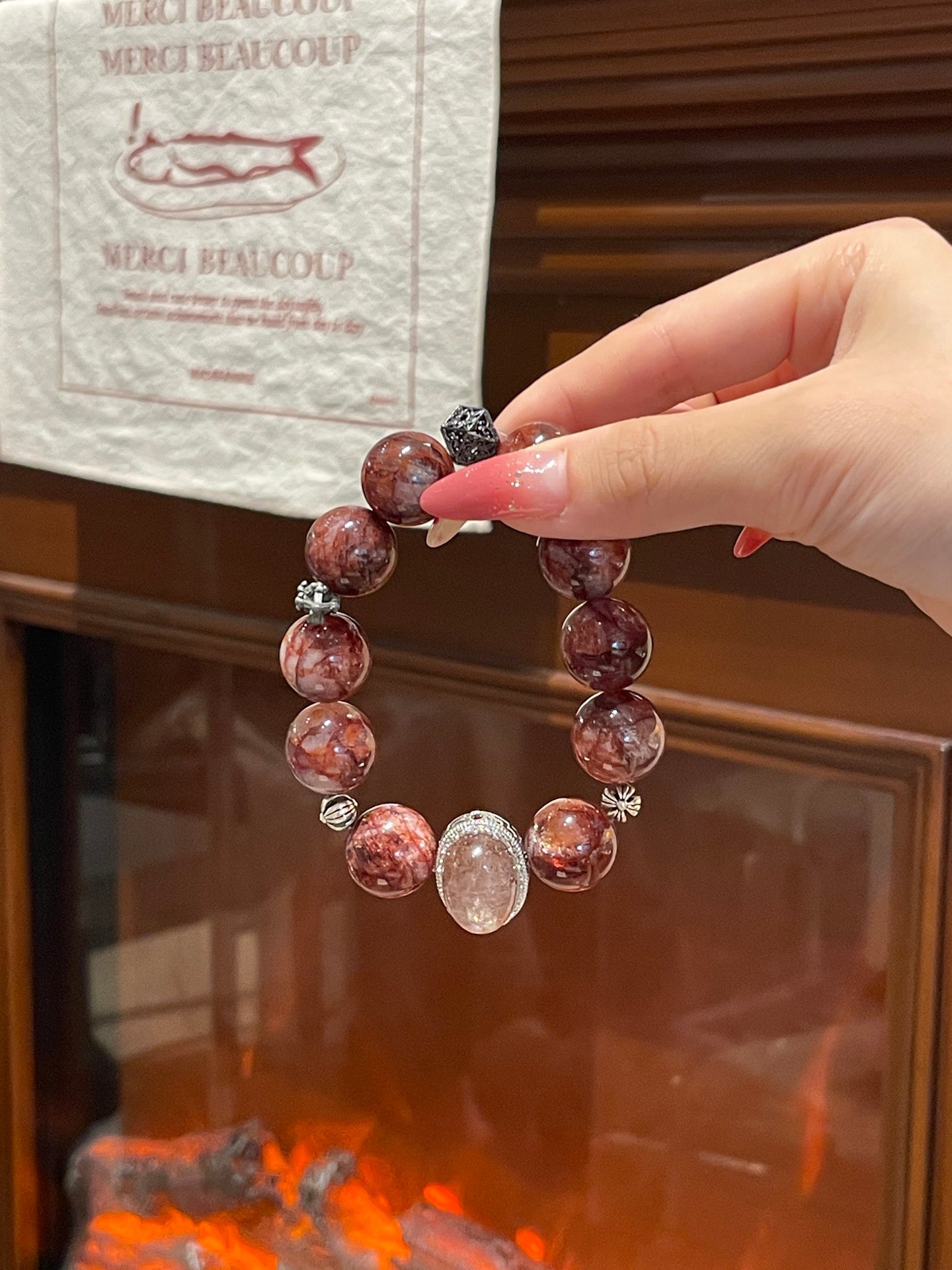 “Rosewood Fortune” Bracelet | Phantom Magic Box & Red Resin Flower 15–16mm