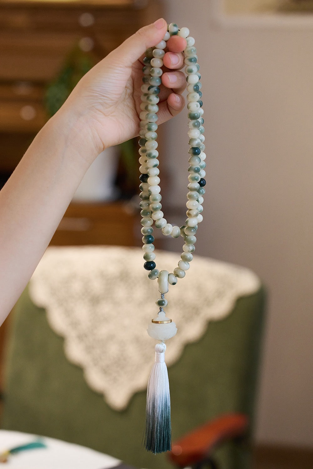 108-Bead White Jade Bodhi Necklace | Floral Pattern & Luminous Stone Lotus Charm