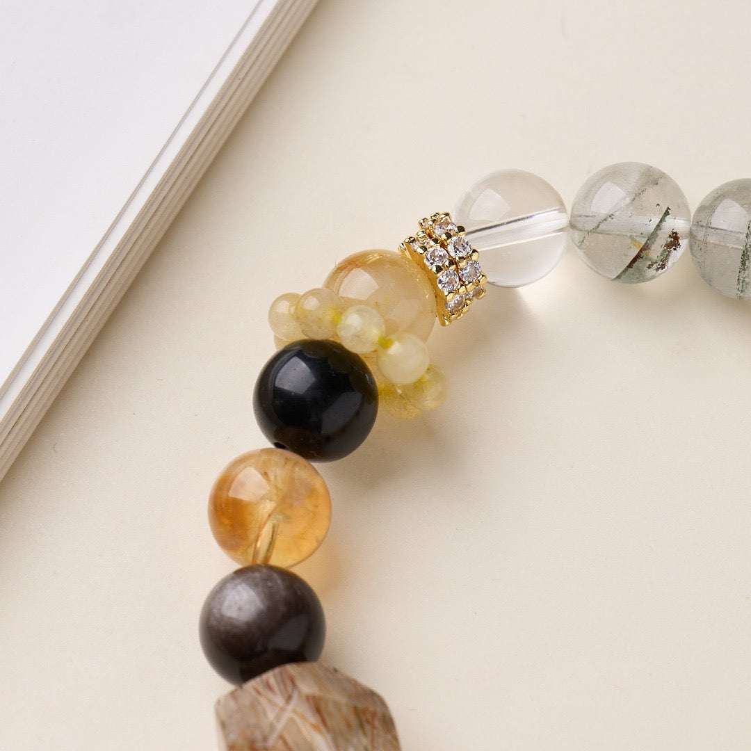 Chakra Energy Bracelet | Black Gold Super Seven & Multi-Crystal Beads with Rutilated Quartz