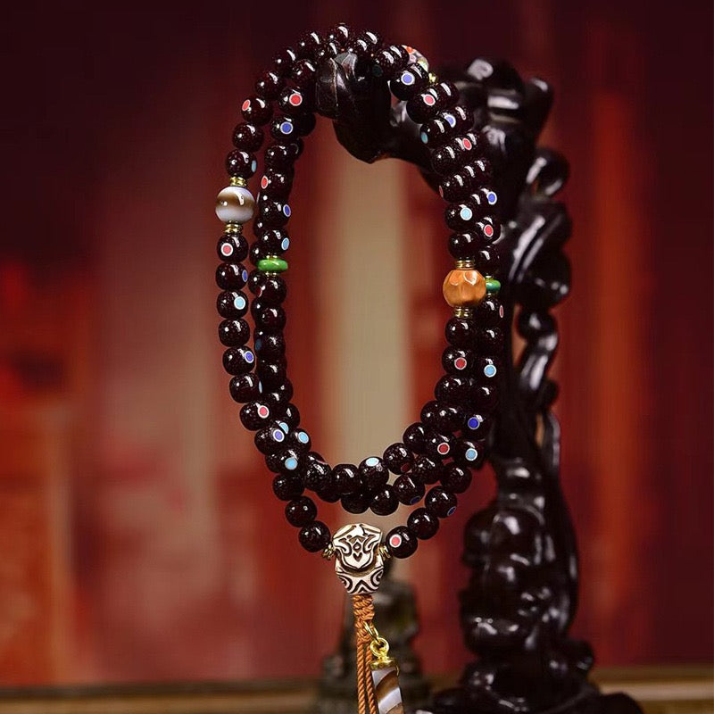 108 Natural Bodhi Mala Beads – Cinnabar Inlaid Star & Moon Beads bracelet necklace