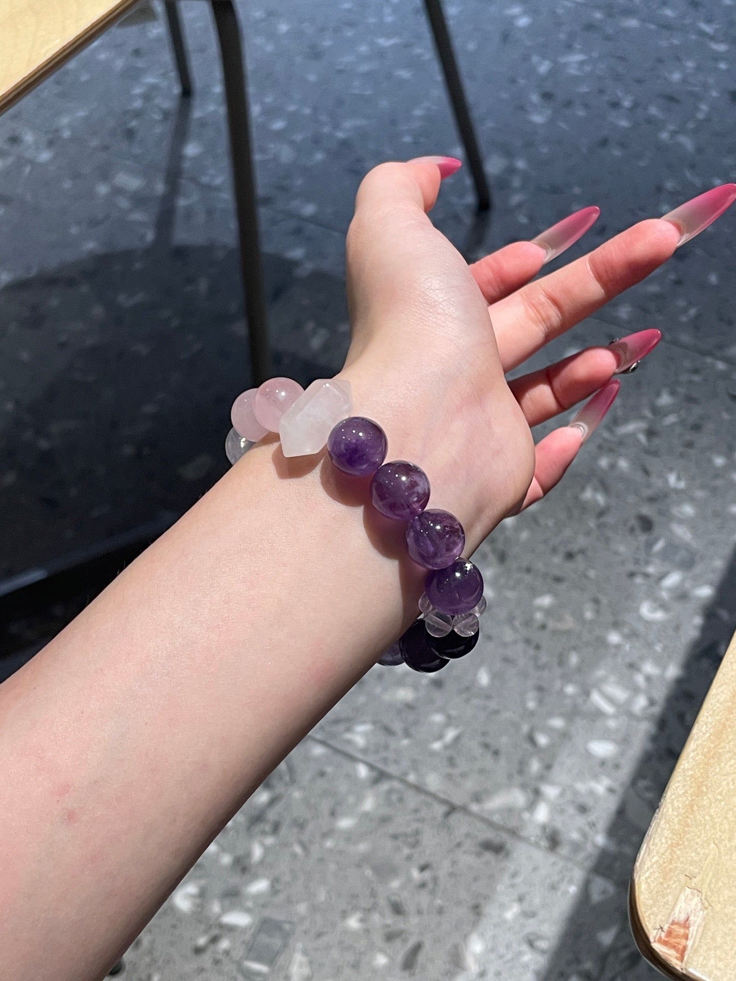 Amethyst Rose Glass Bracelet | Rose Quartz, Milky Quartz & Amethyst | 12mm