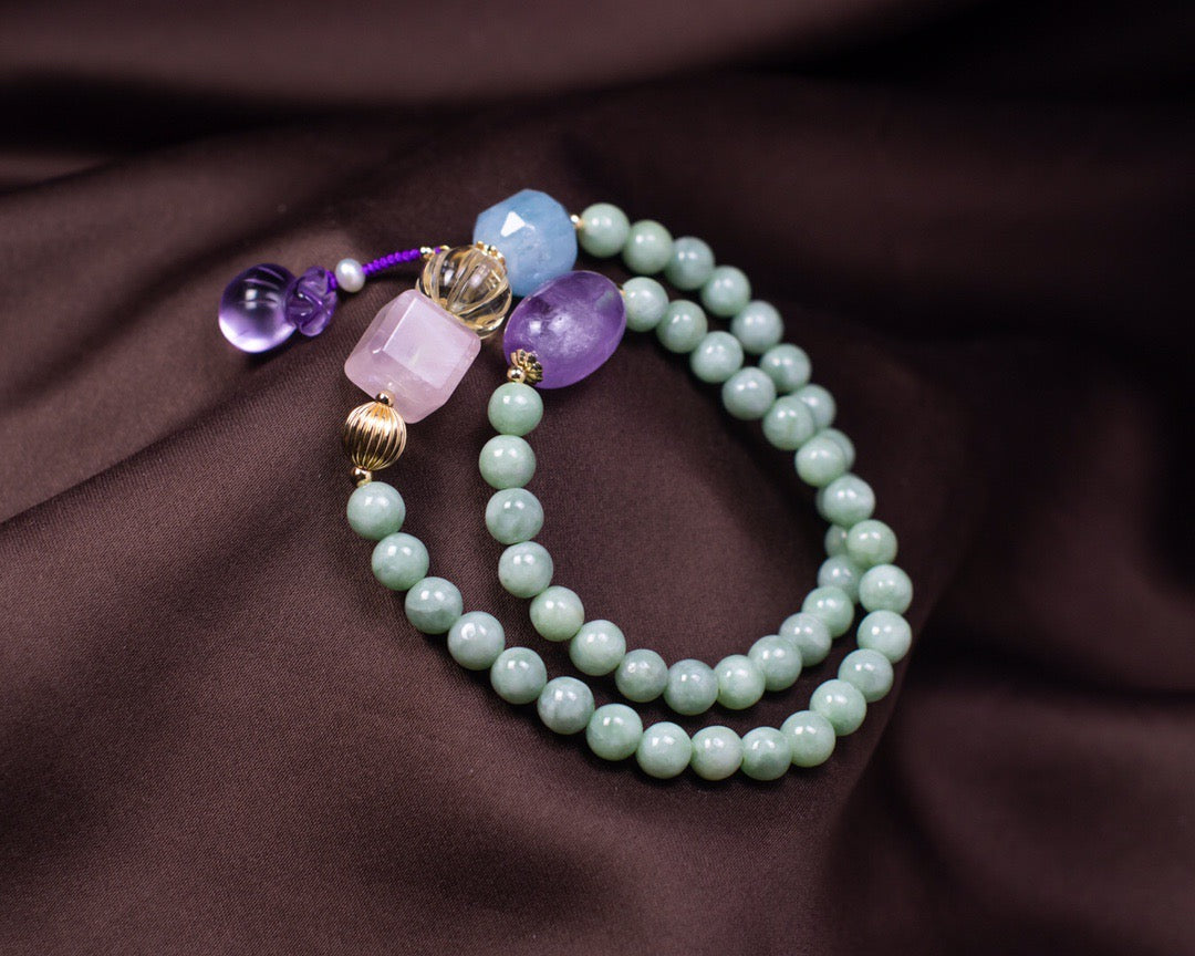 Multi-Gemstone & Jade Double-Layer Bracelet | Rose Quartz, Aquamarine, Citrine & Amethyst with Lucky Charm