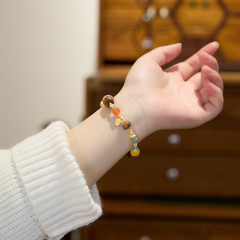 Multi-Gemstone Braided Bracelet | 925 Gold-Plated Silver, Amber, Turquoise & Carnelian