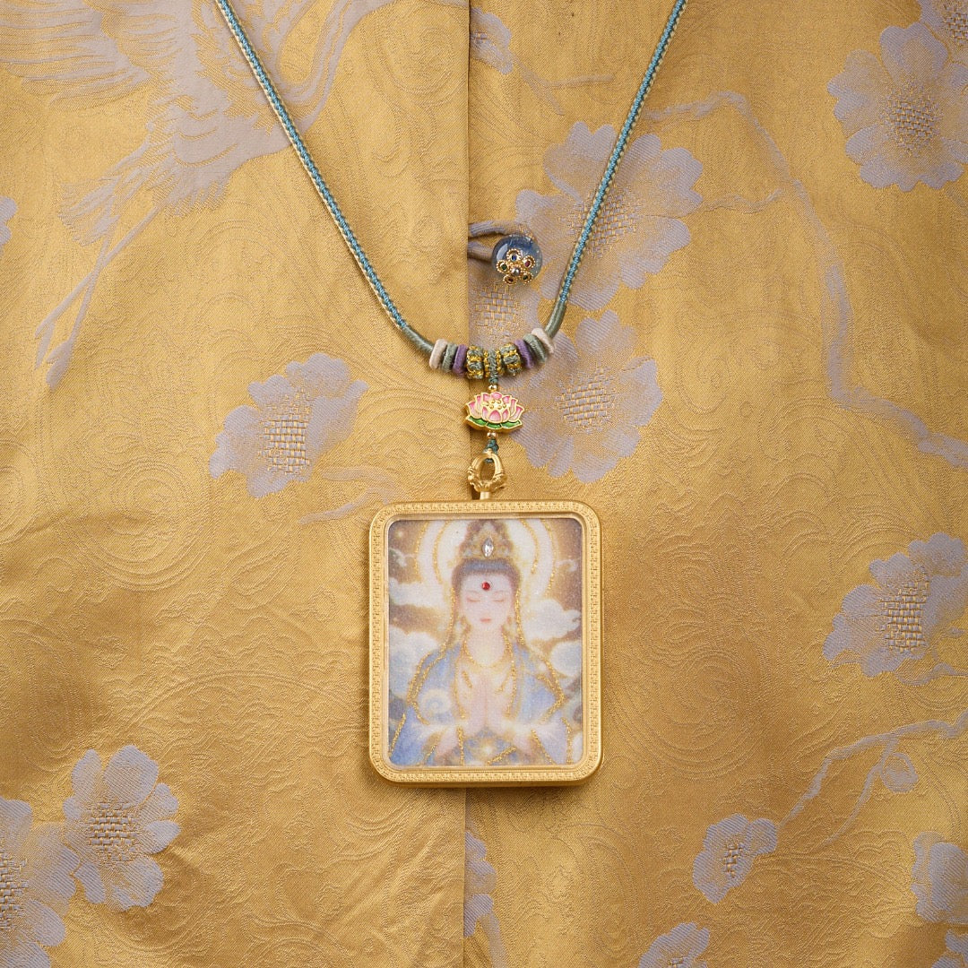 Titanium Frame Gemstone & Mineral Gold-Painted Thangka Necklace with Enamel Lotus (4x5mm, Handmade Cord)