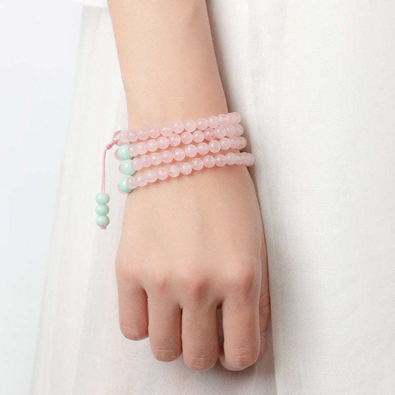 Natural Rose Quartz 6 mm 108 Beads Mala Bracelet Necklace| Multi-Layer Strawberry Quartz Handcrafted Jewelry, Romantic Birthday & Valentine’s Gift