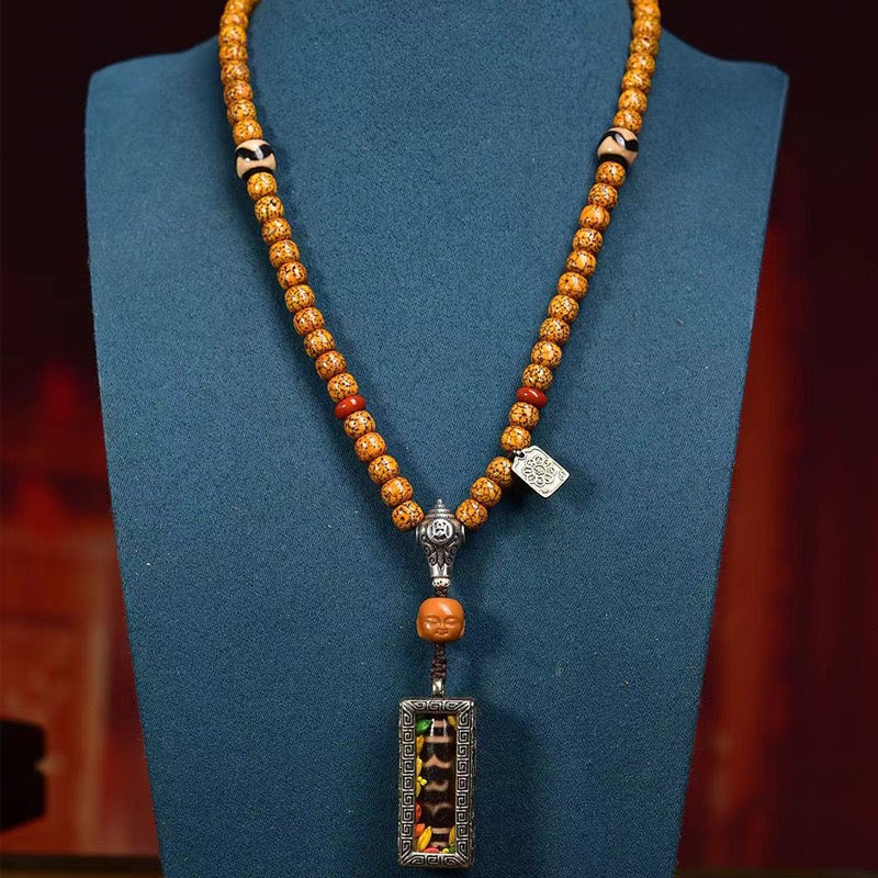 108 Natural Aged Rudraksha Mala Beads – Agate Three-Eye Dzi Pendant for Meditation & Prayer