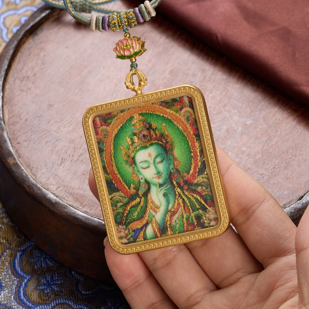 Titanium Frame Gemstone & Mineral Gold-Painted Thangka Necklace with Enamel Lotus (4x5mm, Handmade Cord)