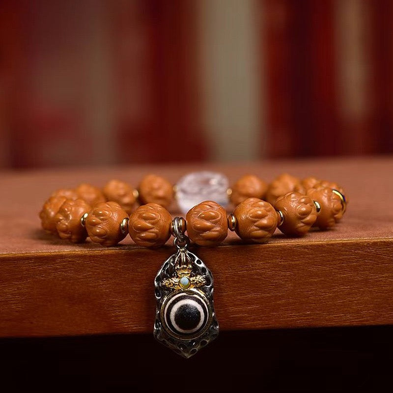 Natural Bodhi Seed Bracelet | Carved Monkey Head Prayer Beads with Silver Inlay, Agate & Clear Quartz Accent